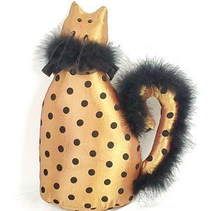 Plush 12" Cat Gold Black Polka Dot Faux Fur Feline embroidery Plump Shiny
